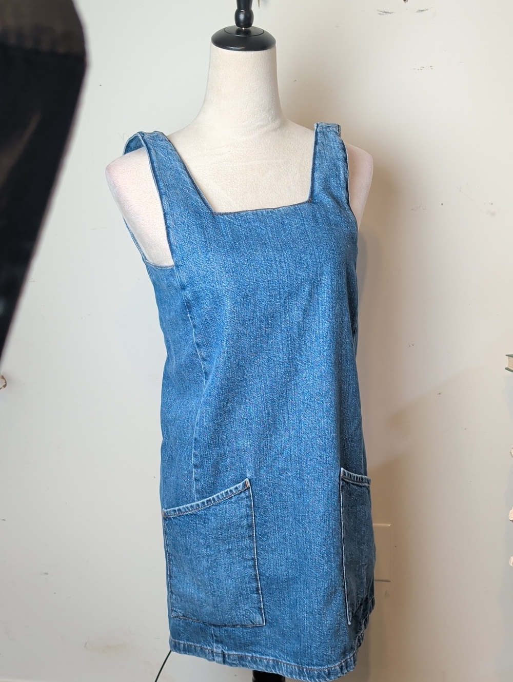 Topshop Moto Denim Pinafore Dress Size 2 Cotton Square Neck Mini Pockets